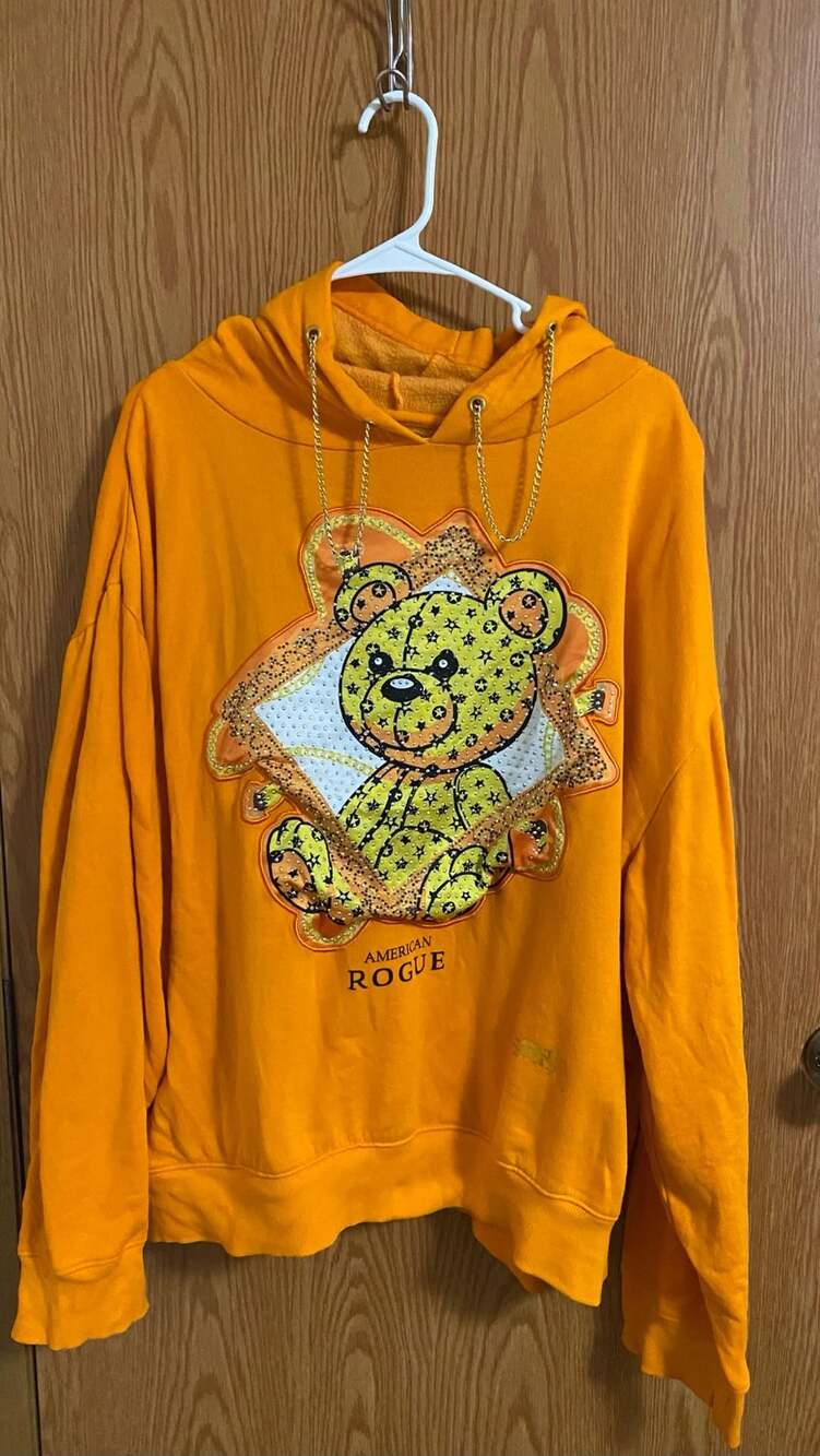 American Rogue Teddy Bear Hoodie Size 3XL Orange Rhinestone